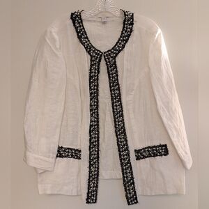Chico's Pearl Embellished Linen Jacket in white with black trim